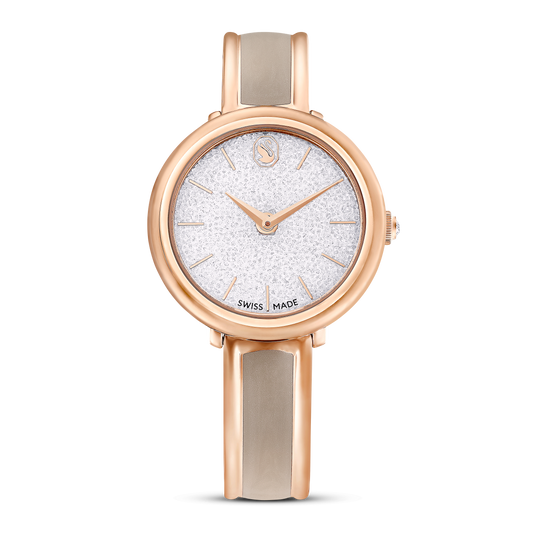 Crystalline bangle watch, Swiss Made, Metal bracelet, Beige, Rose gold-tone finish 5709814