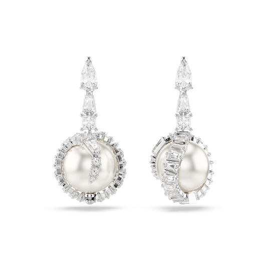 Snake drop earrings, Crystal pearl, Mixed cuts, Year of the Snake, White, Rhodium plated 5714668
