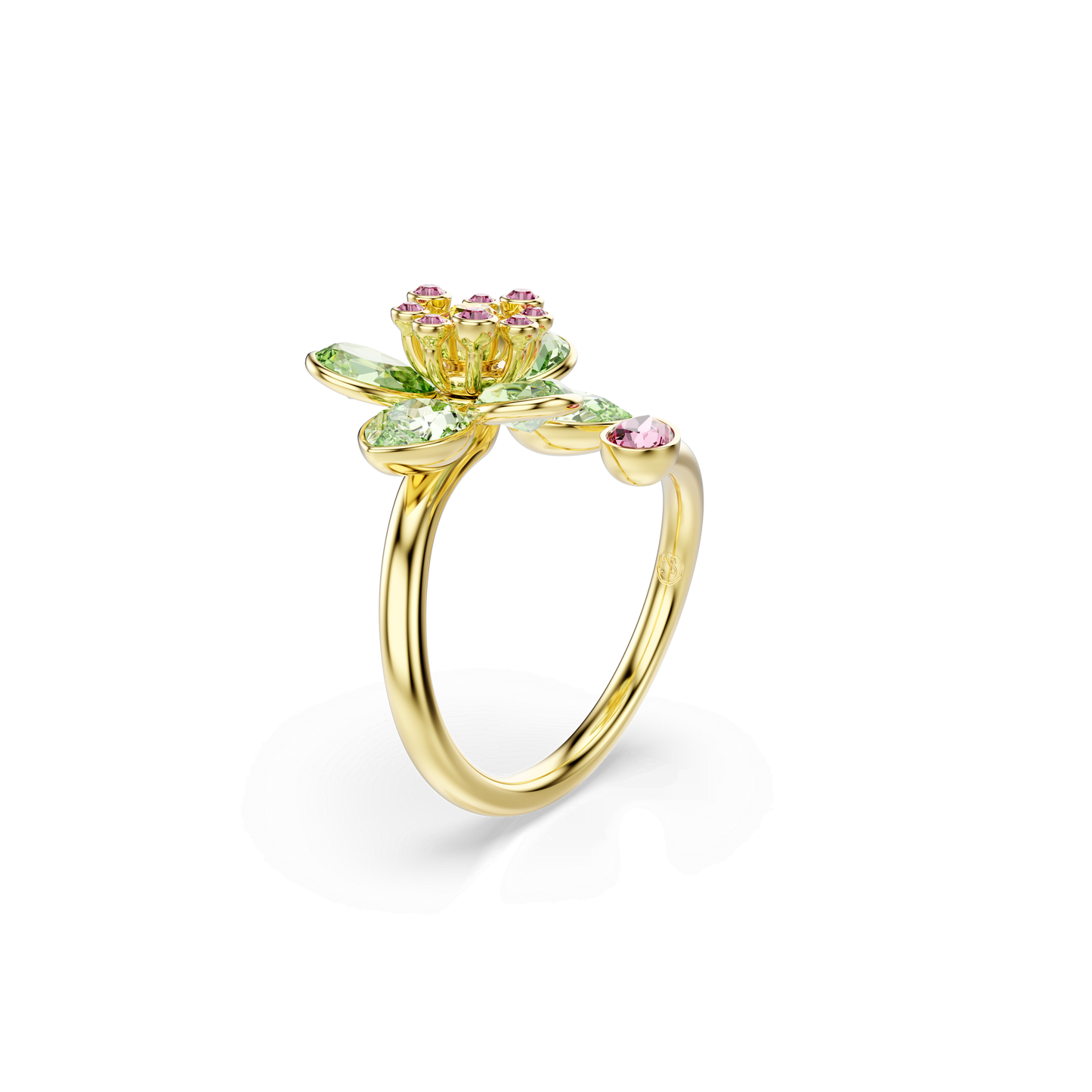 Idyllia open ring, Mixed cuts, Flower, Green, Gold-tone plated 5720297