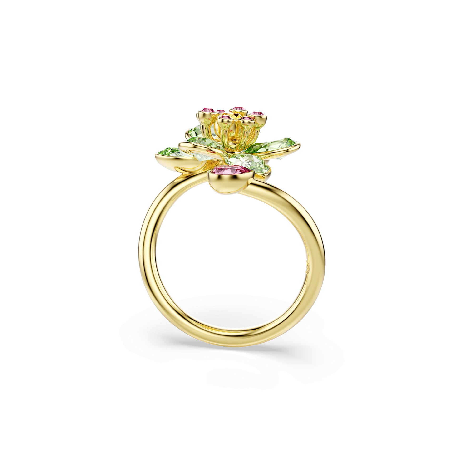 Idyllia open ring, Mixed cuts, Flower, Green, Gold-tone plated 5720297