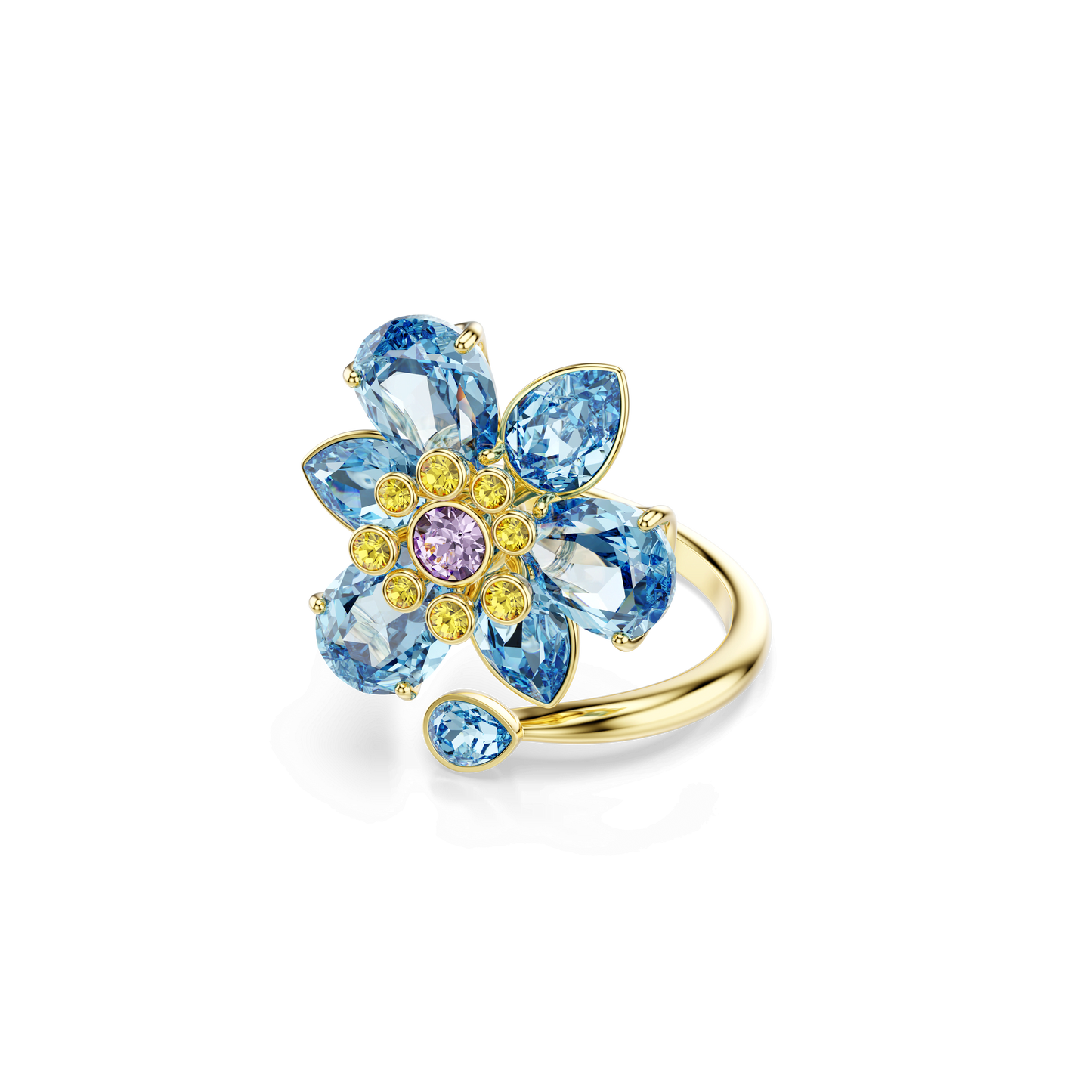 Idyllia open ring, Mixed cuts, Flower, Blue, Gold-tone plated 5721584