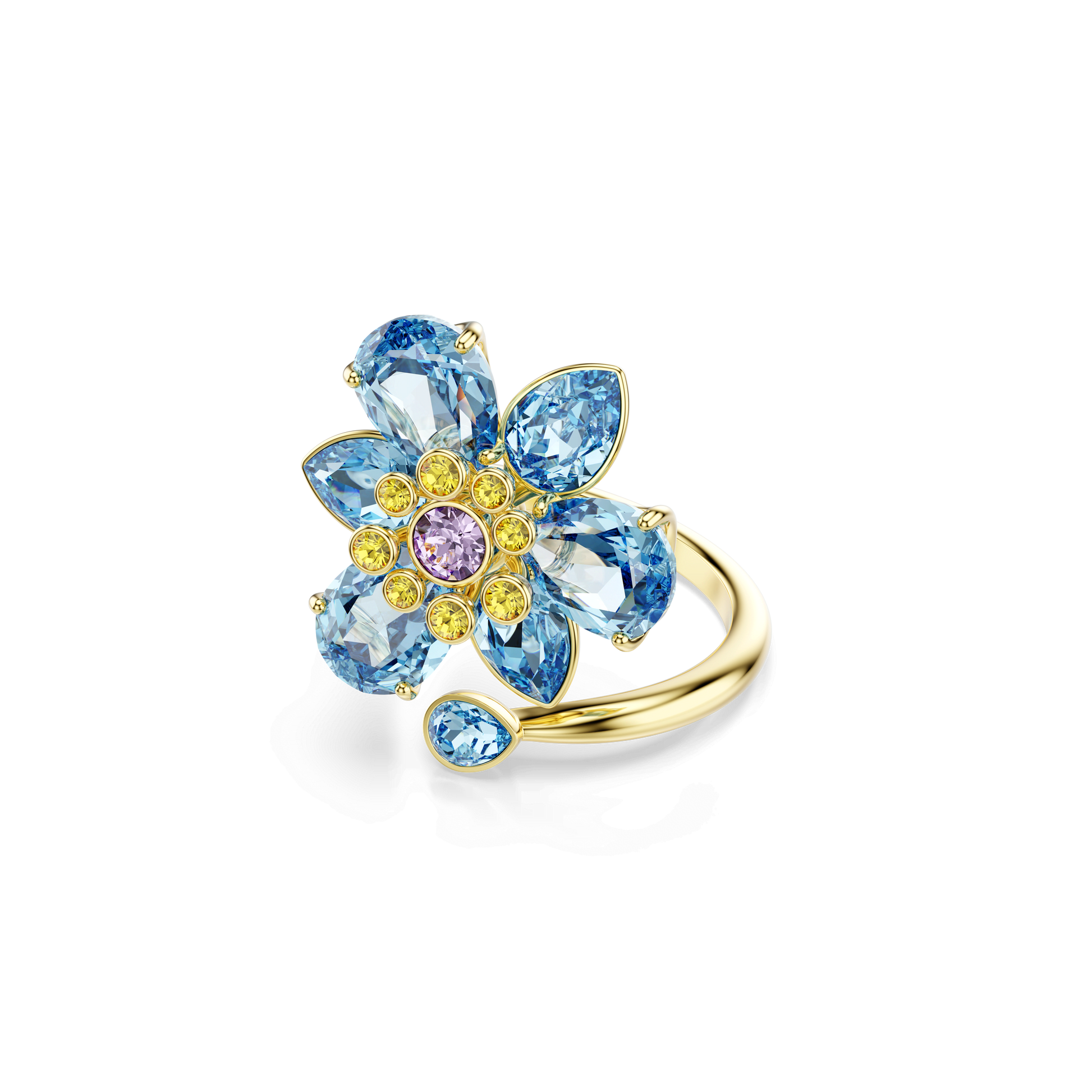 Idyllia open ring, Mixed cuts, Flower, Blue, Gold-tone plated 5721584