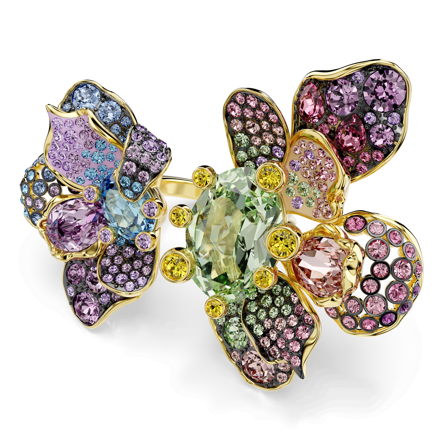 Idyllia ring, Mixed cuts, Pavé, Flower, Multicolored, Gold-tone plated 5721593