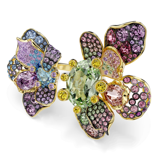Idyllia ring, Mixed cuts, Pavé, Flower, Multicolored, Gold-tone plated 5721595
