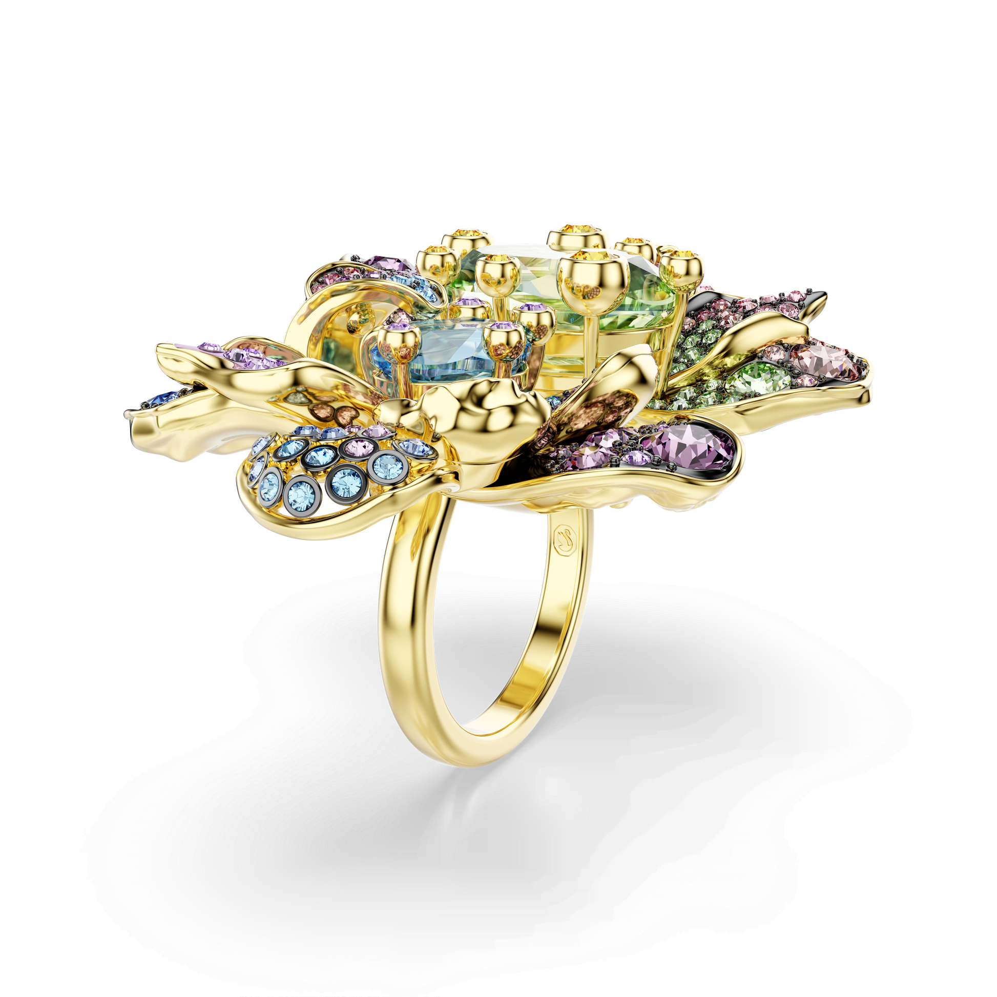 Idyllia ring, Mixed cuts, Pavé, Flower, Multicolored, Gold-tone plated 5721595