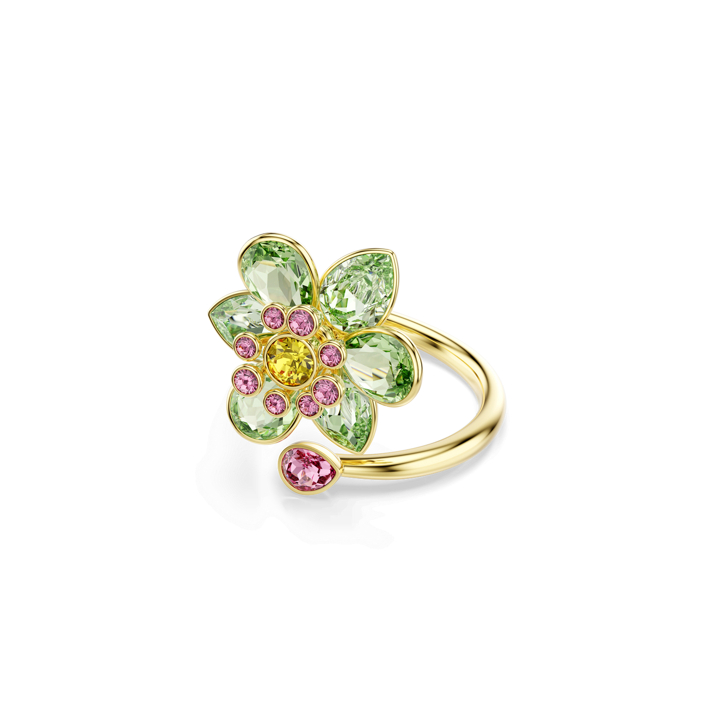 Idyllia open ring, Mixed cuts, Flower, Green, Gold-tone plated 5721599