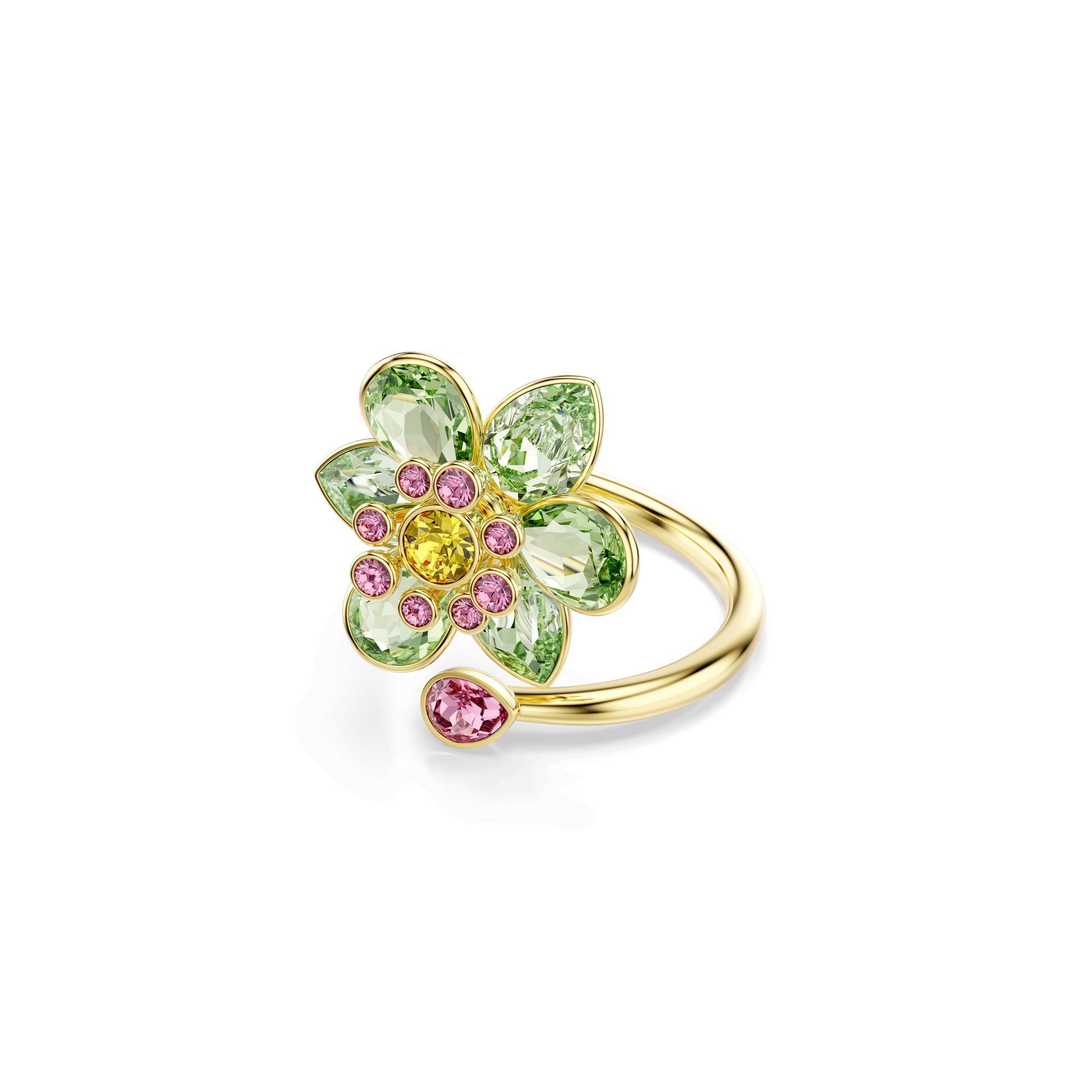Idyllia open ring, Mixed cuts, Flower, Green, Gold-tone plated 5721599
