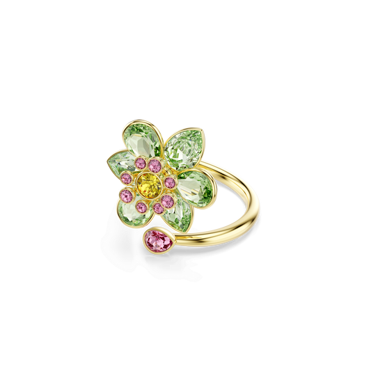 Idyllia open ring, Mixed cuts, Flower, Green, Gold-tone plated 5721599