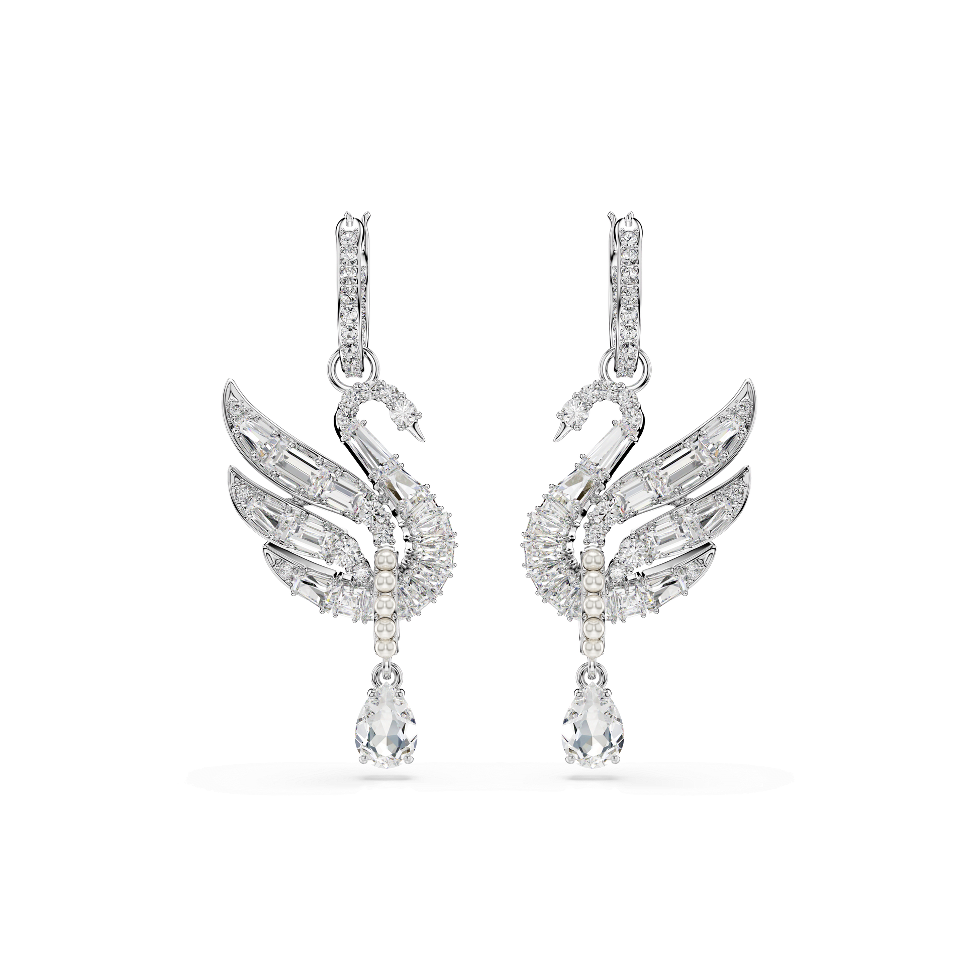 Swan earrings, Swan, White, Rhodium plated 5723388
