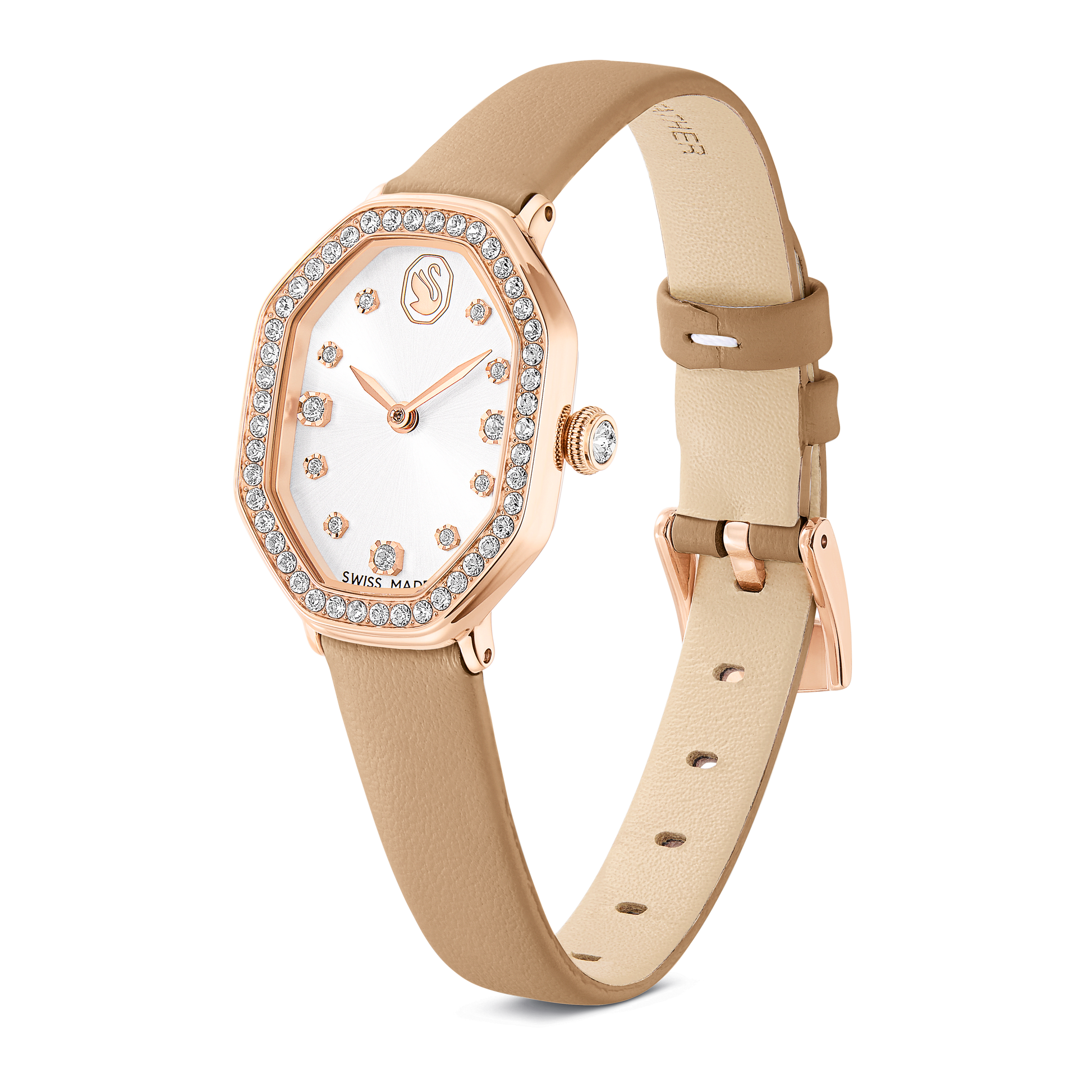 Dextera octagon watch, Swiss Made, Leather strap, Brown, Rose gold-tone finish 5730184