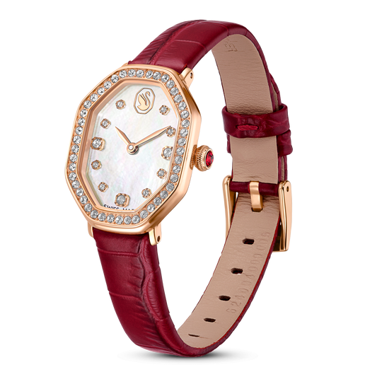 Dextera octagon watch, Swiss Made, Leather strap, Red, Rose gold-tone finish 5730373