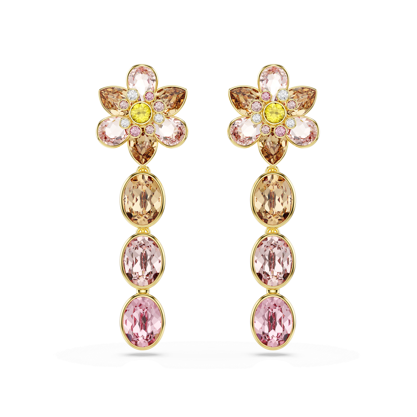 Idyllia drop earrings, Mixed cuts, Flower, Multicolored, Gold-tone plated 5732381