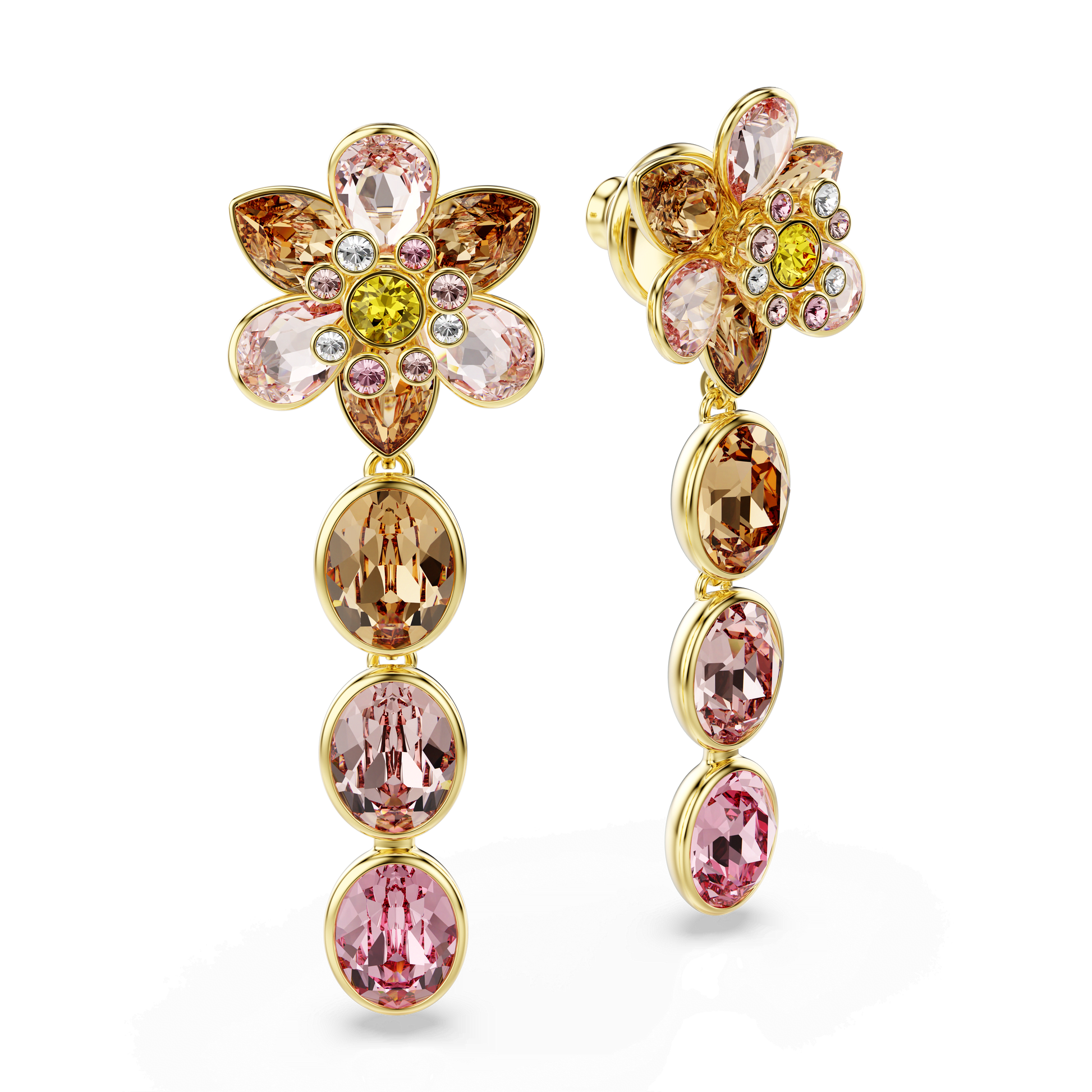 Idyllia drop earrings, Mixed cuts, Flower, Multicolored, Gold-tone plated 5732381
