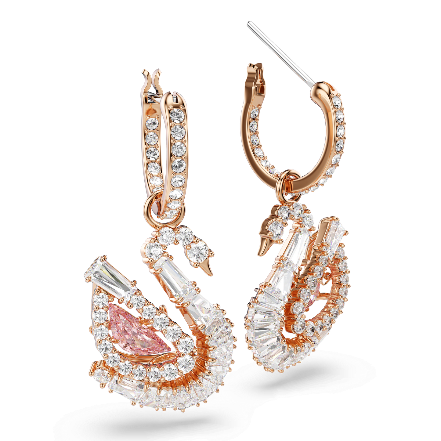 Swan drop earrings, Pavé, Swan, Pink 5732415