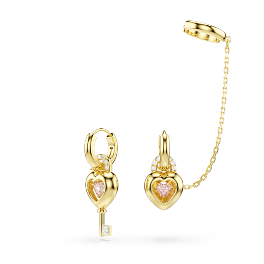 Idyllia drop earrings with ear cuff, Mixed cuts, Heart with key, Pink, Gold-tone plated 5737294