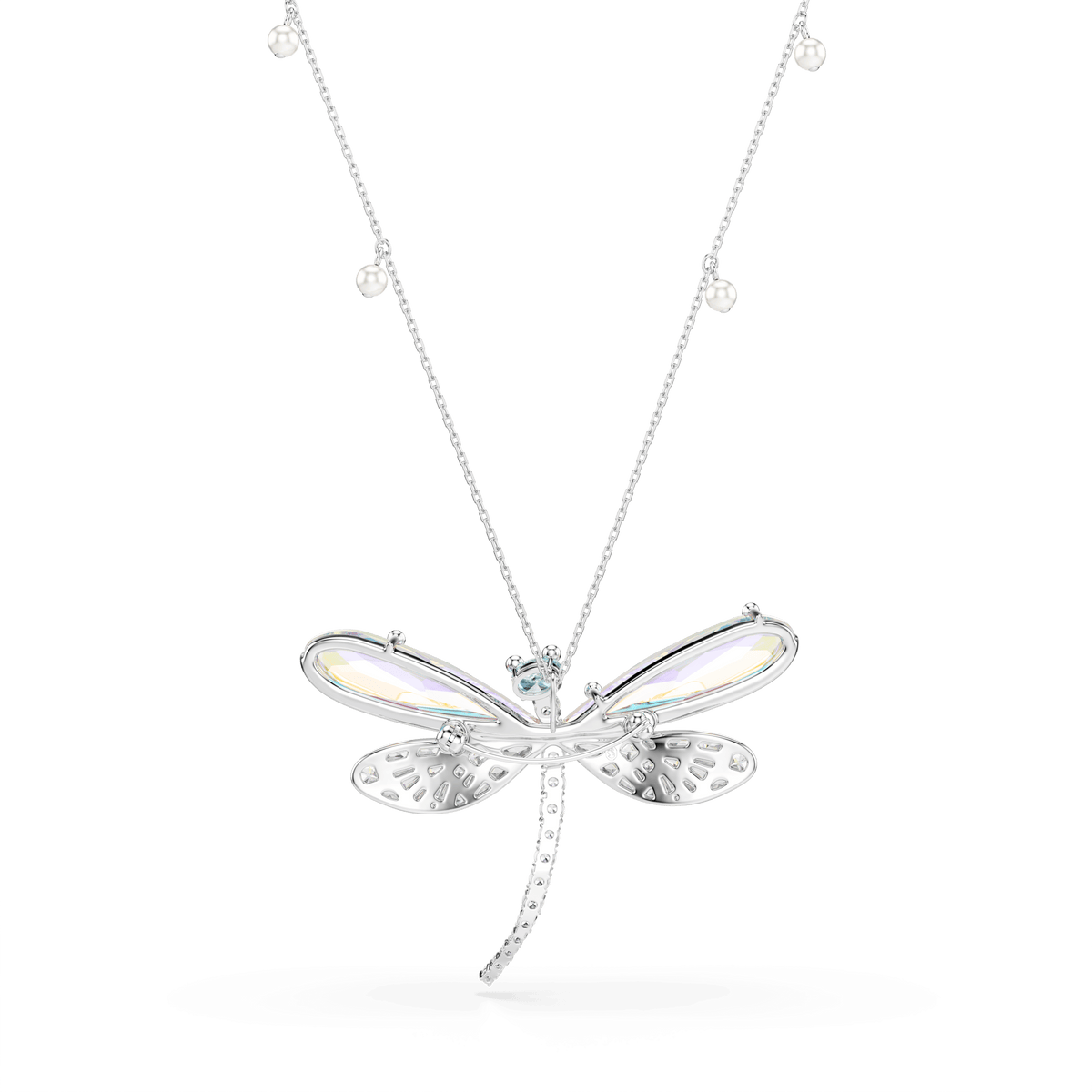 Ariana Grande x Swarovski pendant and brooch, Crystal Pearl, Mixed cuts, Dragonfly, White, Rhodium plated