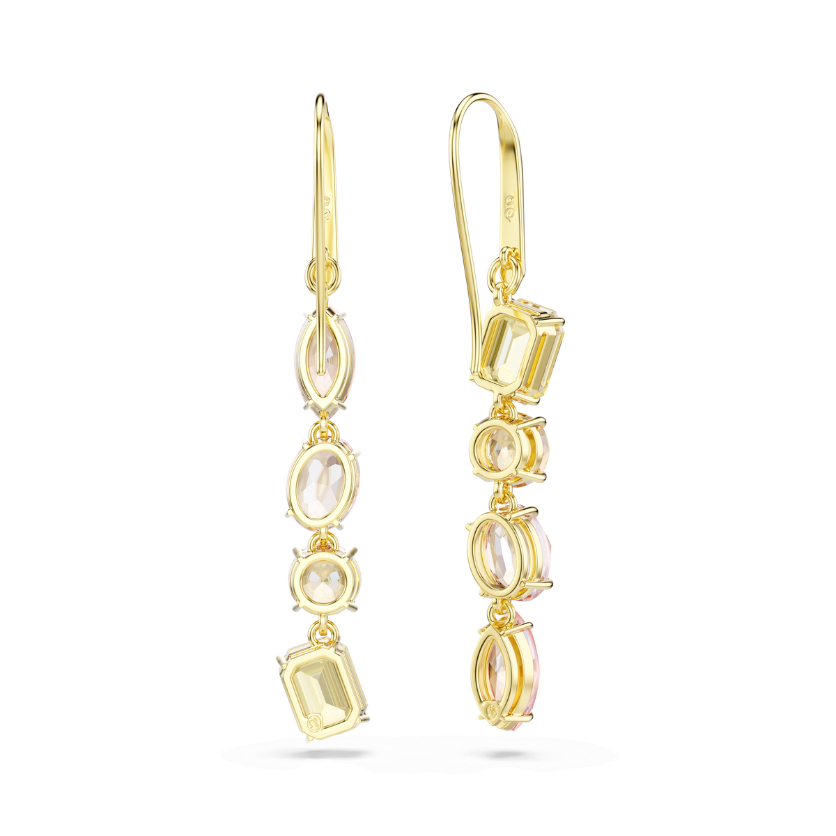 Gema drop earrings, Asymmetrical design, Mixed cuts, Pink, 18K gold finish