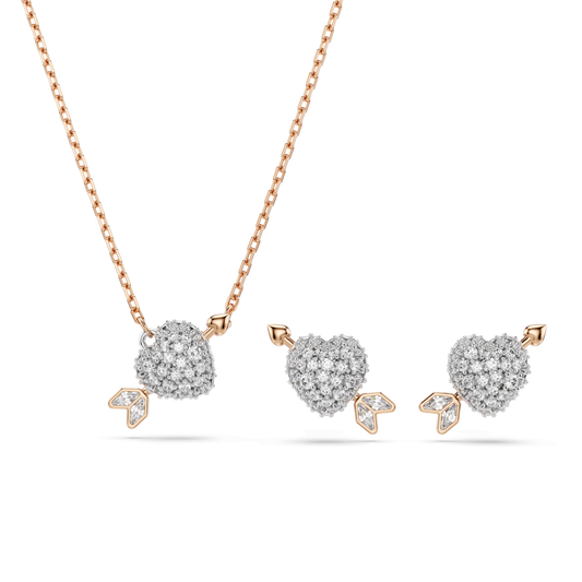 Idyllia set, Mixed cuts, Heart with arrow, White, Rose gold-tone plated 5745580