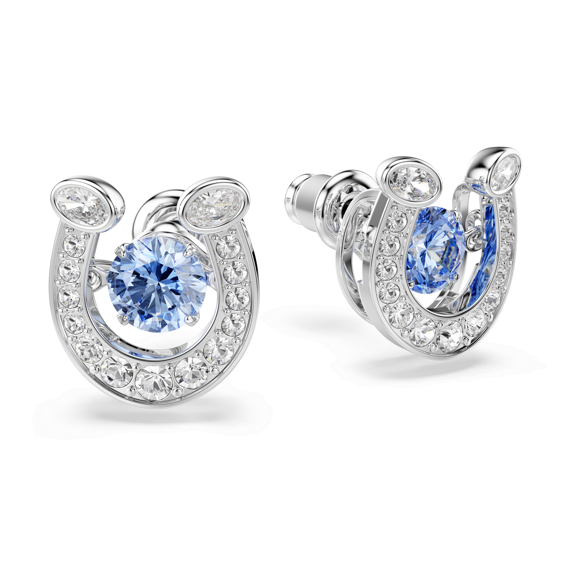 Symbolica stud earrings, Round cut, Pavé, Horse shoe, Blue, Rhodium plated 5746563