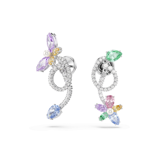 Ariana Grande x Swarovski drop earrings with ear jacket, Mixed cuts, Dragonfly, Flower, Multicolored, Rhodium plated 5749190