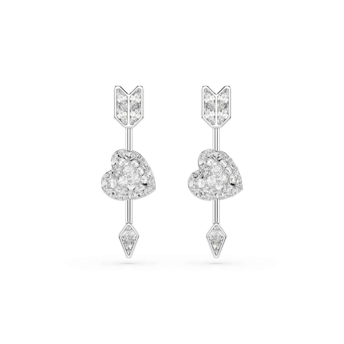 Idyllia drop earrings, Mixed cuts, Heart with arrow, White, Rhodium plated 5749602