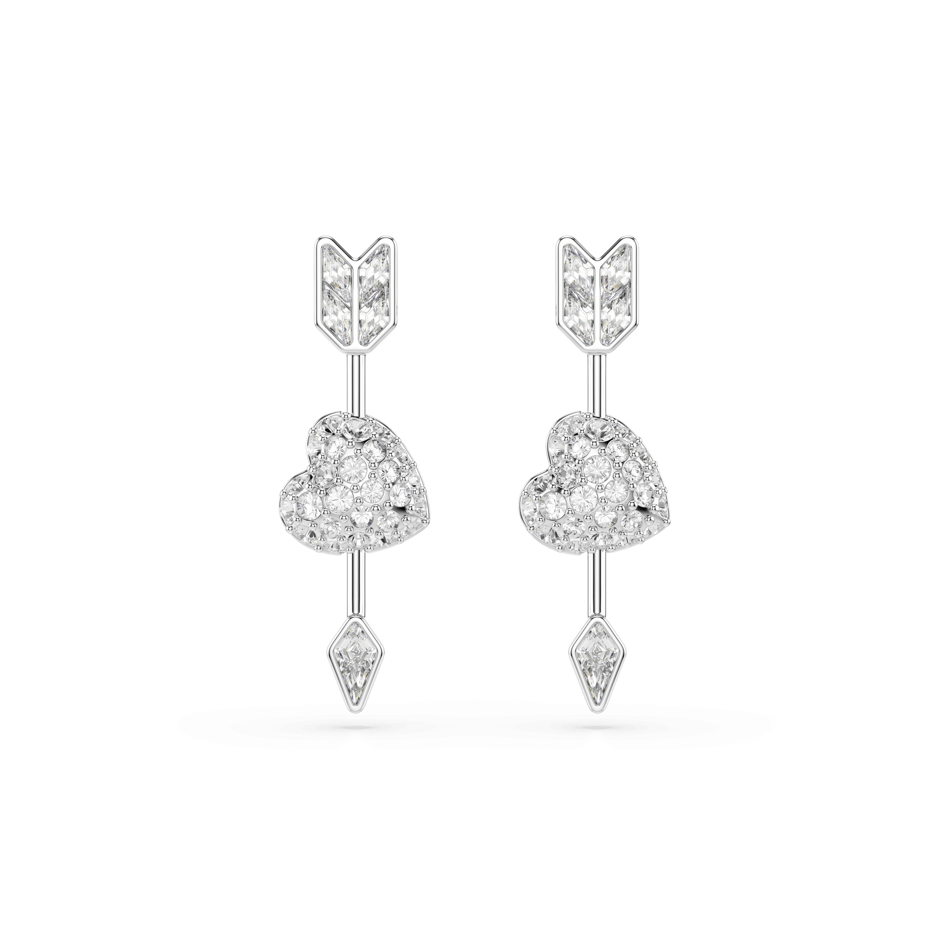 Idyllia drop earrings, Mixed cuts, Heart with arrow, White, Rhodium plated 5749602