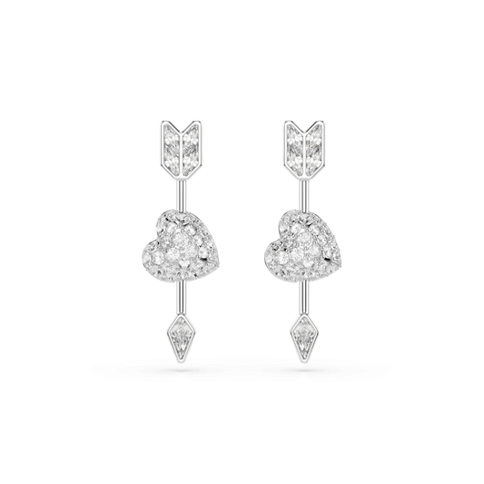 Idyllia drop earrings, Mixed cuts, Heart with arrow, White, Rhodium plated 5749602