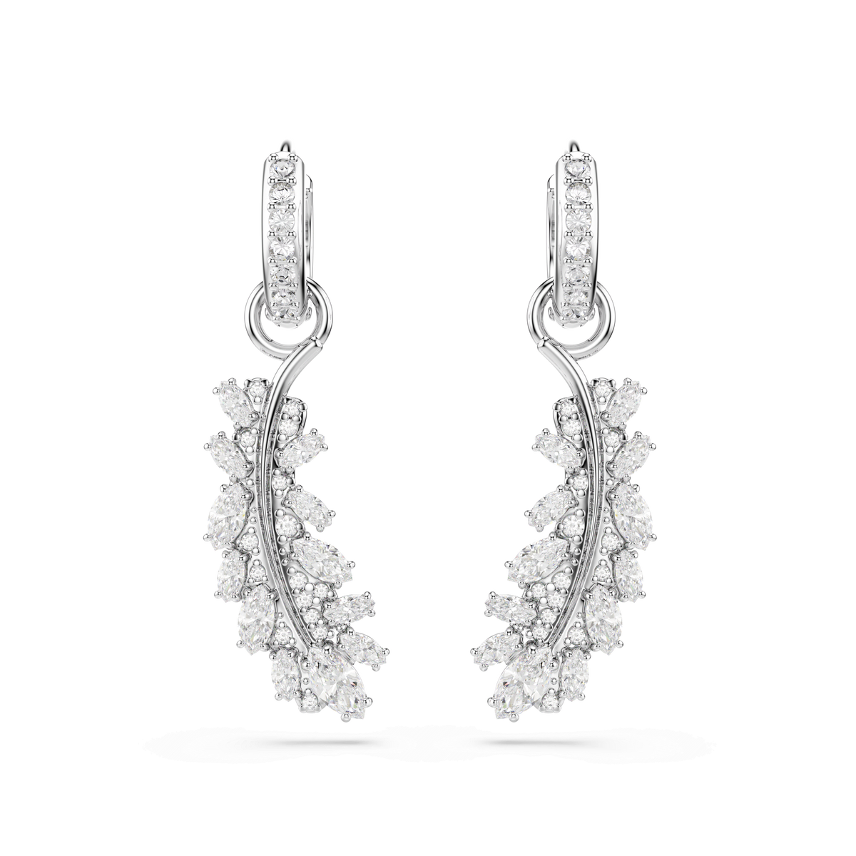 Vienna earrings, Mixed cuts, Feather, White, Rhodium plated