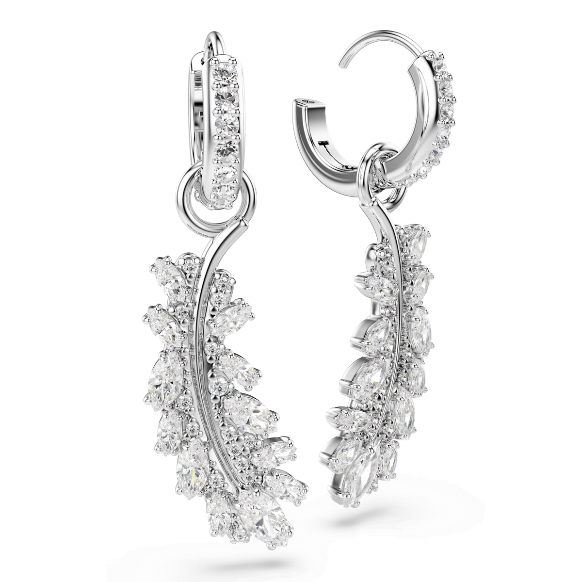 Vienna earrings, Mixed cuts, Feather, White, Rhodium plated