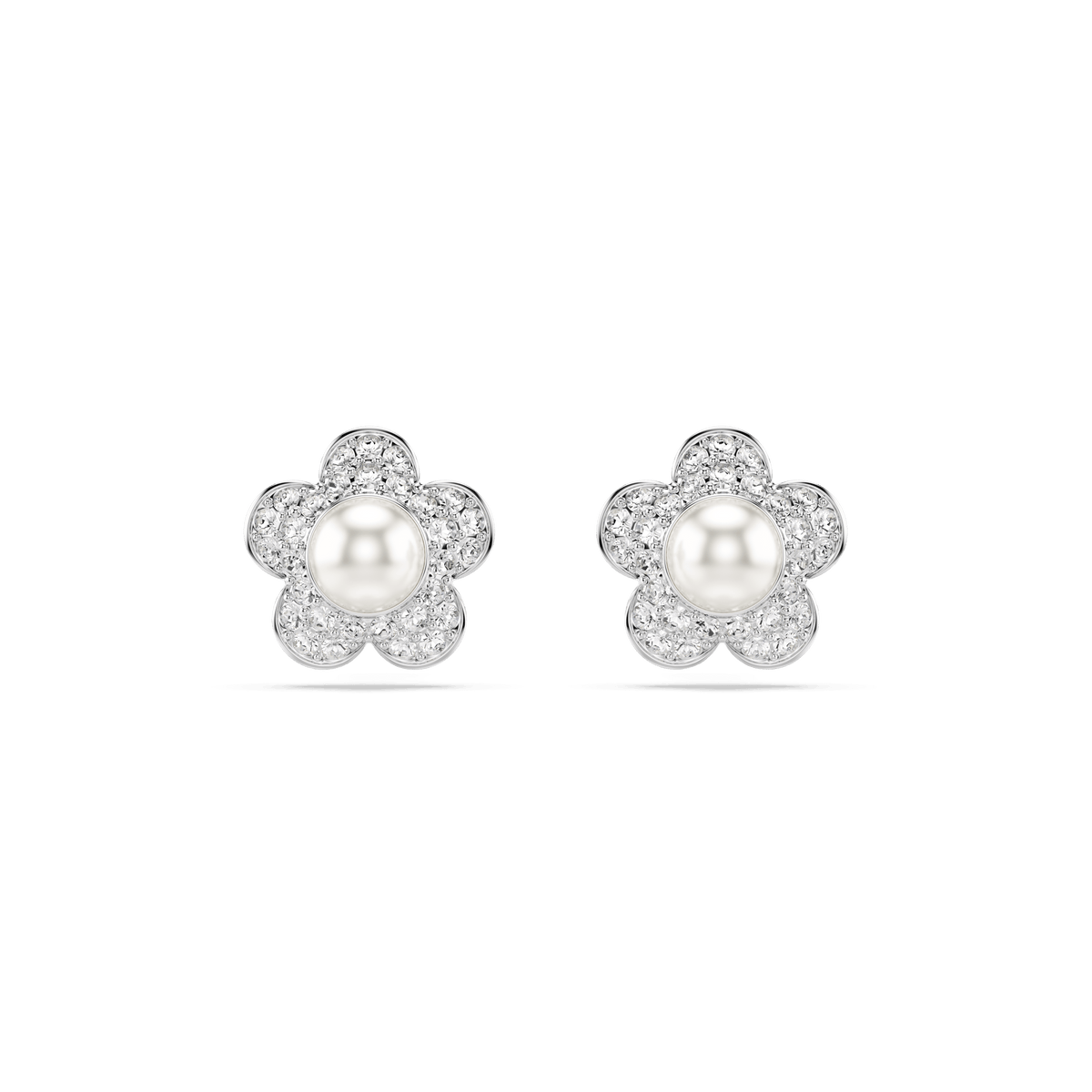 Ariana Grande x Swarovski stud earrings, Crystal Pearl, Round cut, Flower, White, Rhodium plated