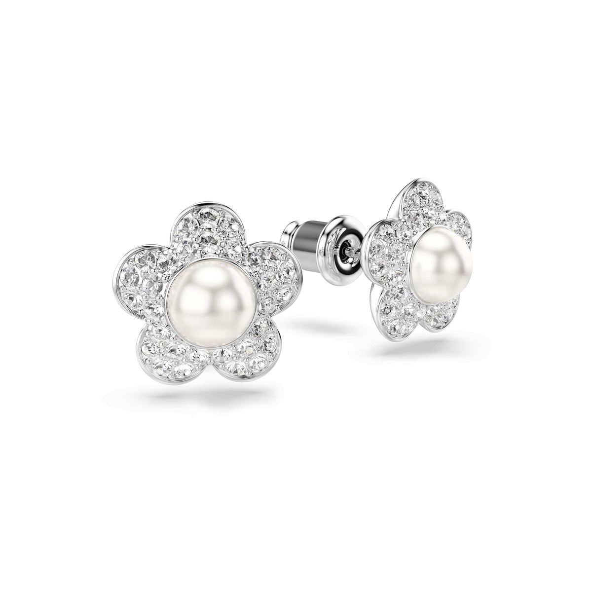 Ariana Grande x Swarovski stud earrings, Crystal Pearl, Round cut, Flower, White, Rhodium plated