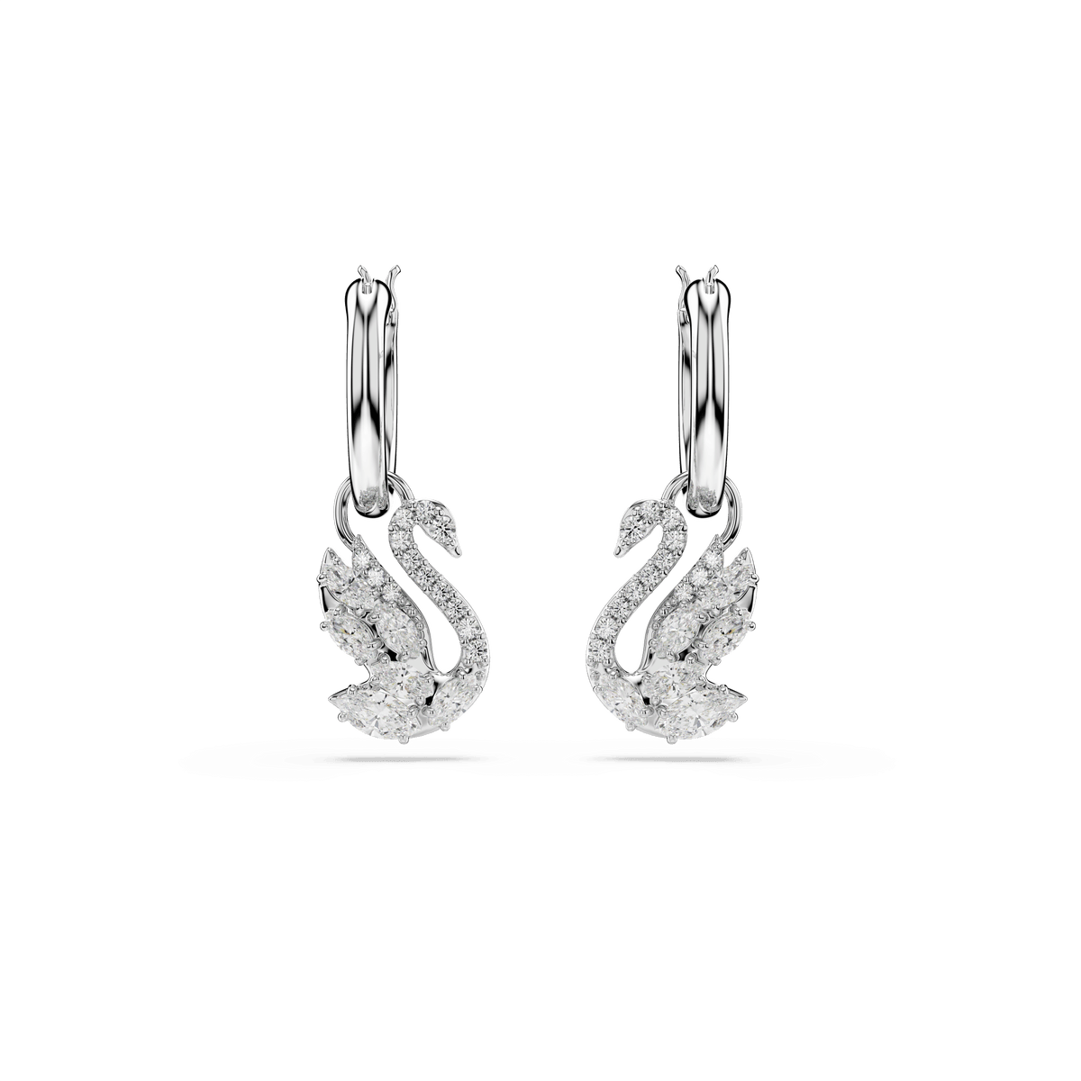 Swan drop earrings, Mixed cuts, Swan, White, Rhodium plated