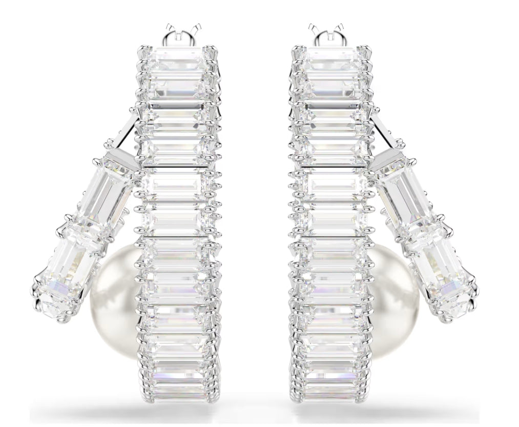 Ariana Grande x Swarovski hoop earrings Crystal pearl, Baguette cut, White, Rhodium plated