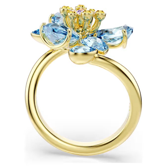 Idyllia open ring, Mixed cuts, Flower, Blue, Gold-tone plated