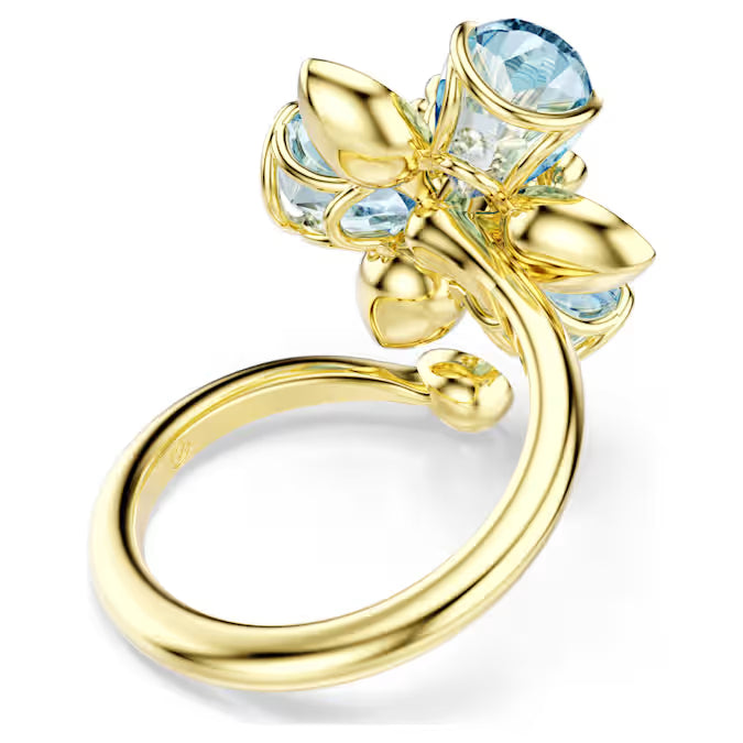 Idyllia open ring, Mixed cuts, Flower, Blue, Gold-tone plated