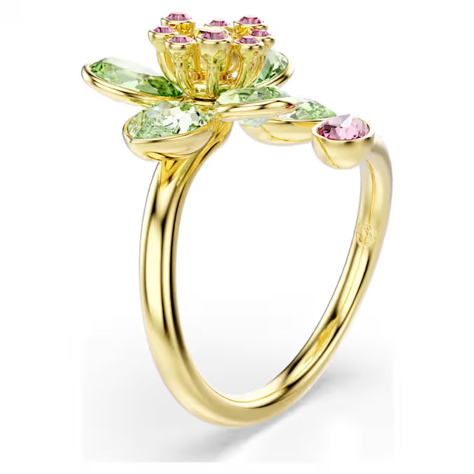 Idyllia open ring, Mixed cuts, Flower, Green, Gold-tone plated