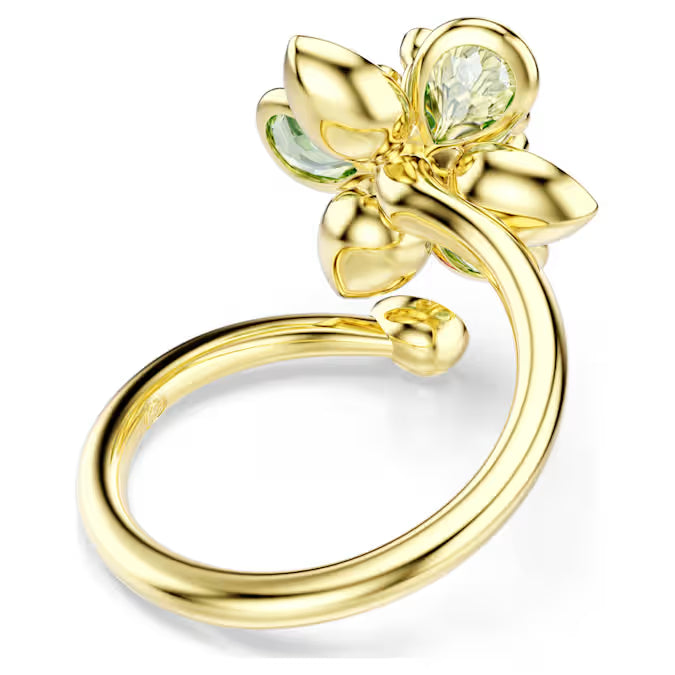 Idyllia open ring, Mixed cuts, Flower, Green, Gold-tone plated