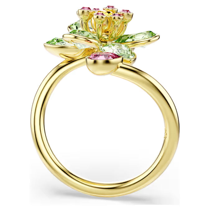 Idyllia open ring, Mixed cuts, Flower, Green, Gold-tone plated
