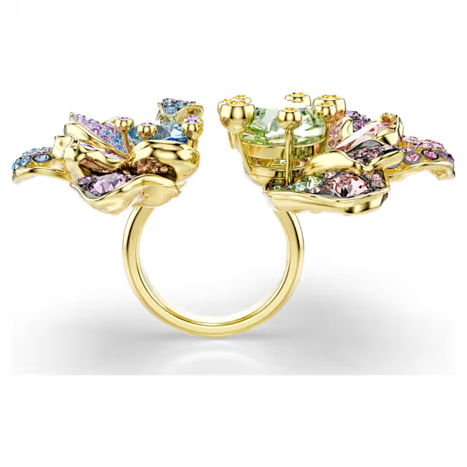 Idyllia ring, Mixed cuts, Pavé, Flower, Multicolored, Gold-tone plated