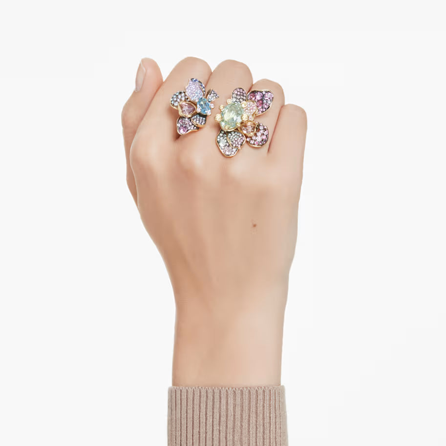 Idyllia ring, Mixed cuts, Pavé, Flower, Multicolored, Gold-tone plated