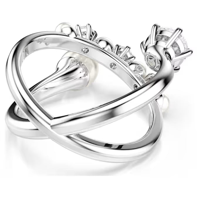 Matrix cocktail ring, Crystal pearl, Round cut, White, Rhodium plated