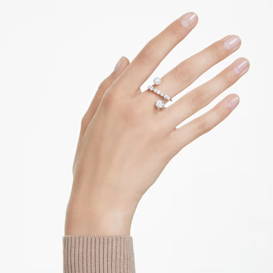 Matrix cocktail ring, Crystal pearl, Round cut, White, Rhodium plated