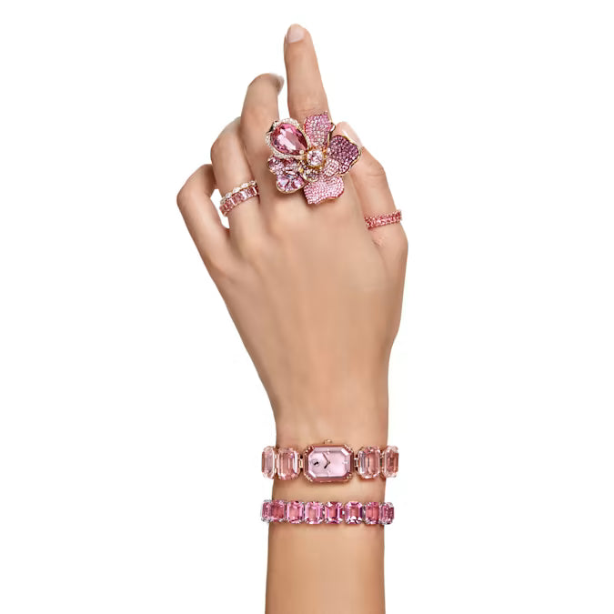 Matrix ring, Baguette cut, Pink, Rose gold-tone plated