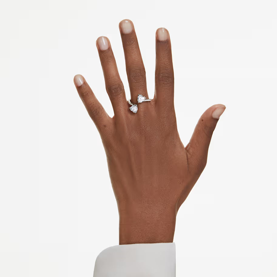 Mesmera open ring, Heart cut, Pavé, White, Rhodium plated