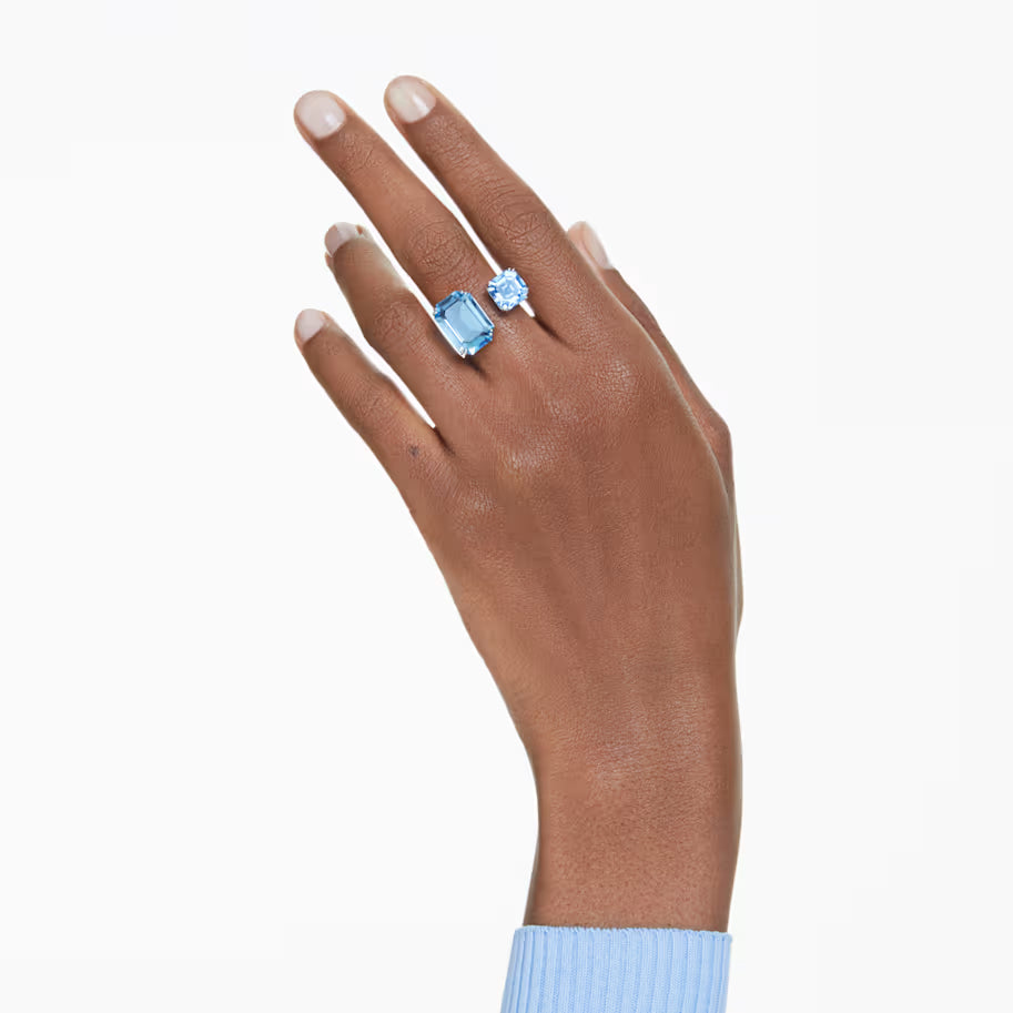 Millenia open ring, Octagon cut, Blue, Rhodium plated