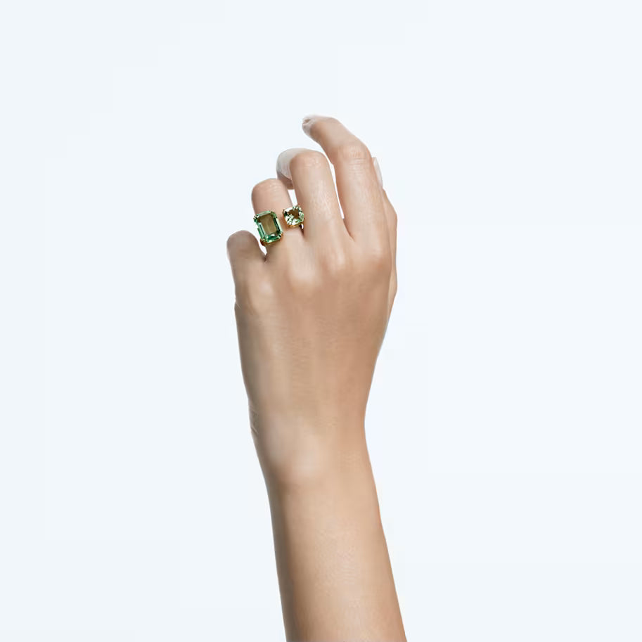 Millenia open ring, Octagon cut, Green, Gold-tone plated