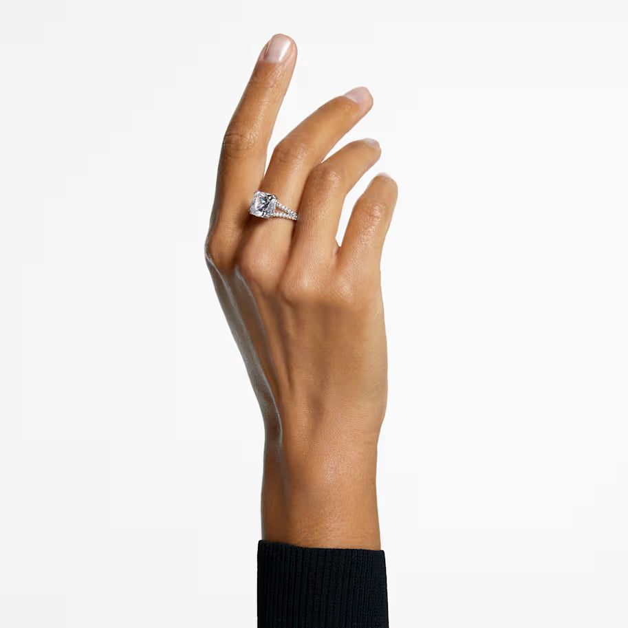 Stilla cocktail ring, Square cut, Pavé, White, Rhodium plated