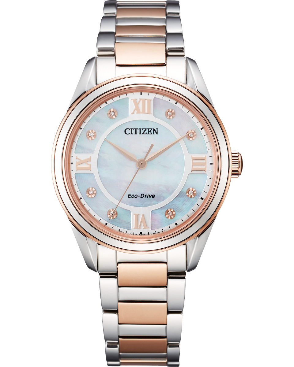 Citizen watch model EM0876-51D is a womens two tone rose gold and silver color strap with a pearl face and roman numerals
