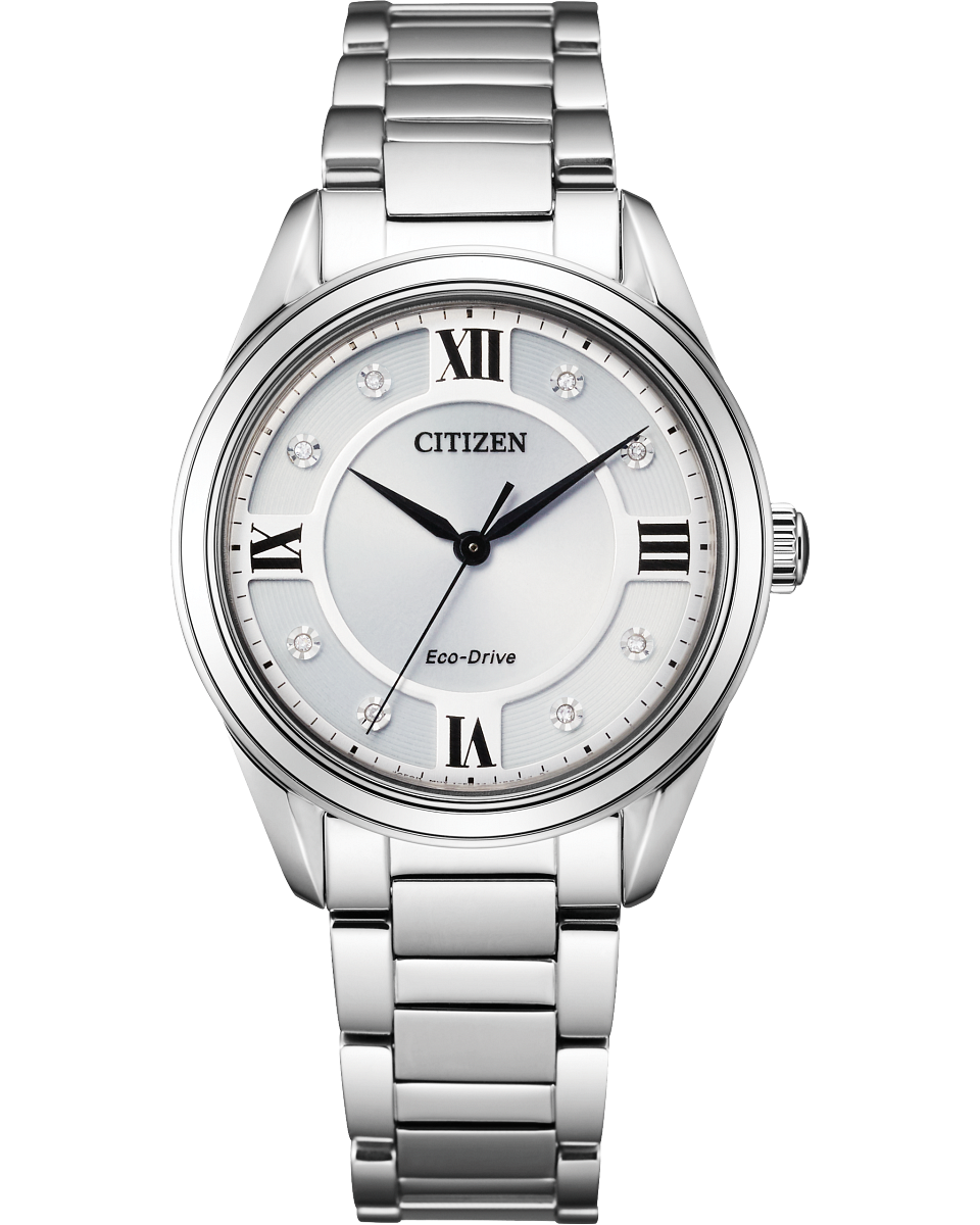 Citizen watch model EM0870-58A ladies watch metal link strap three hand silver tone dial diamond accent  powered by light