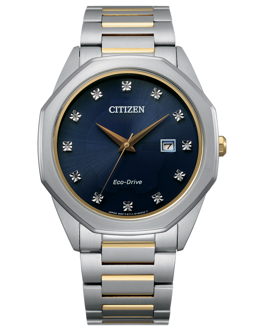 Citizen watch stainless steel band with deep blue face, with date tracker model BM7494-51L